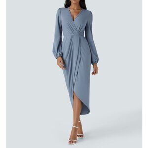 Halara V Neck Long Sleeve Tulip Hem Midi Dress Sz Medium Blue Womens
